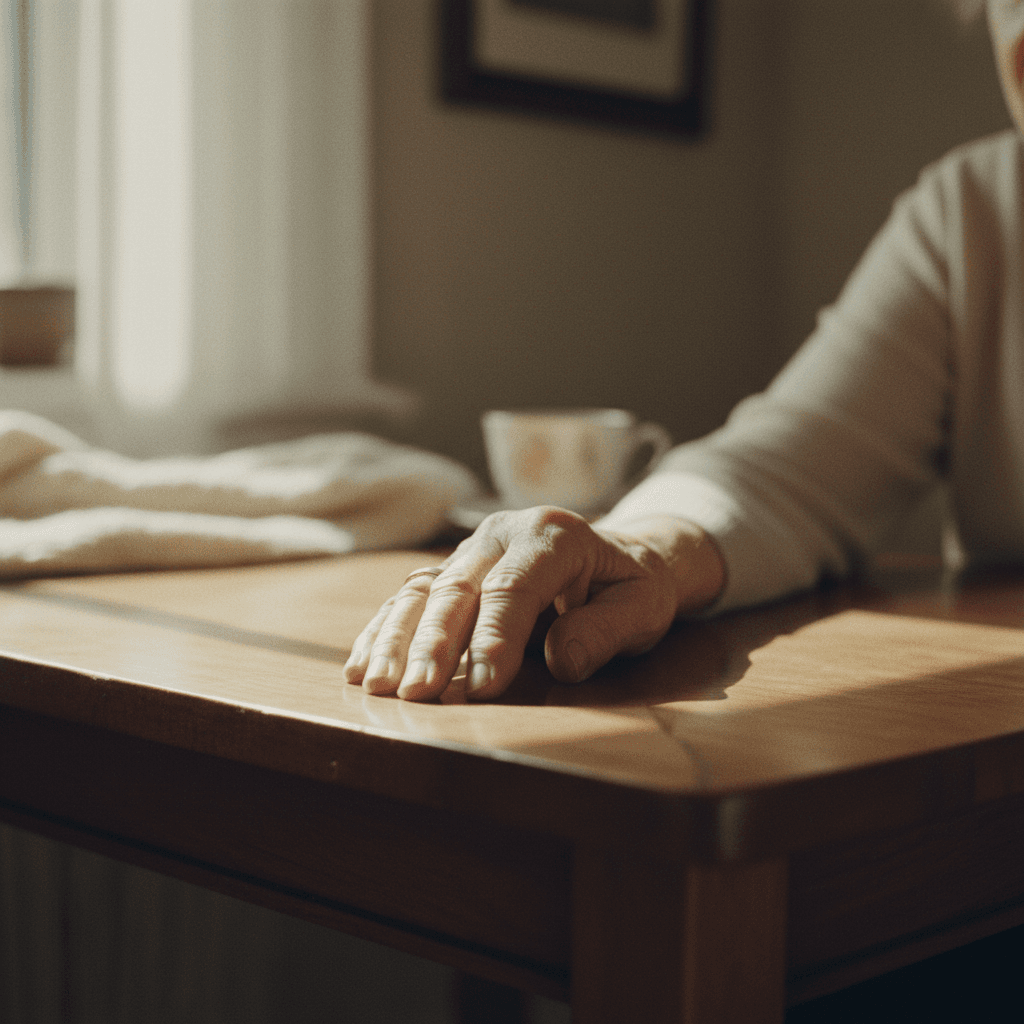 Elderly woman's hand resting on a wooden table