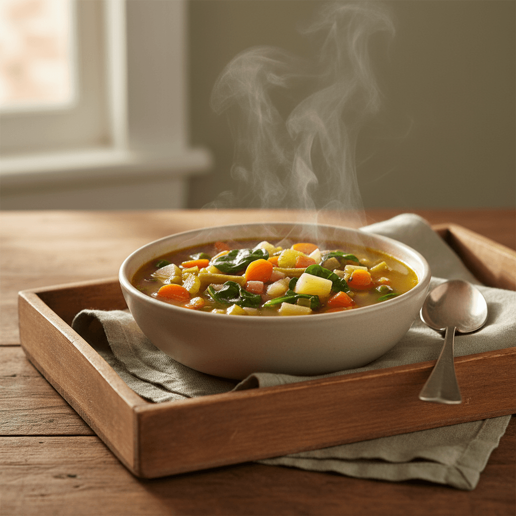 Bowl of soup on a wooden tray