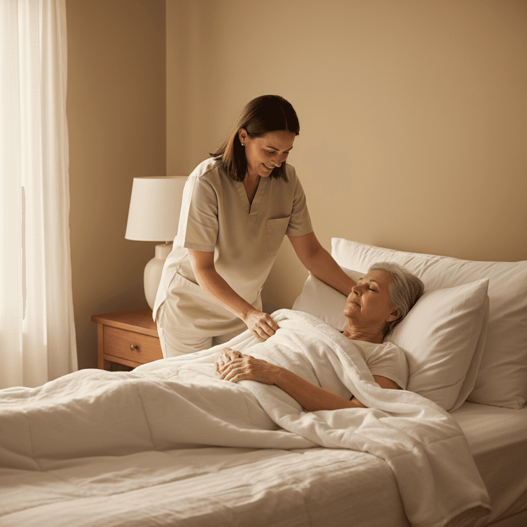 Caregiver adjusting blanket for bedridden patient