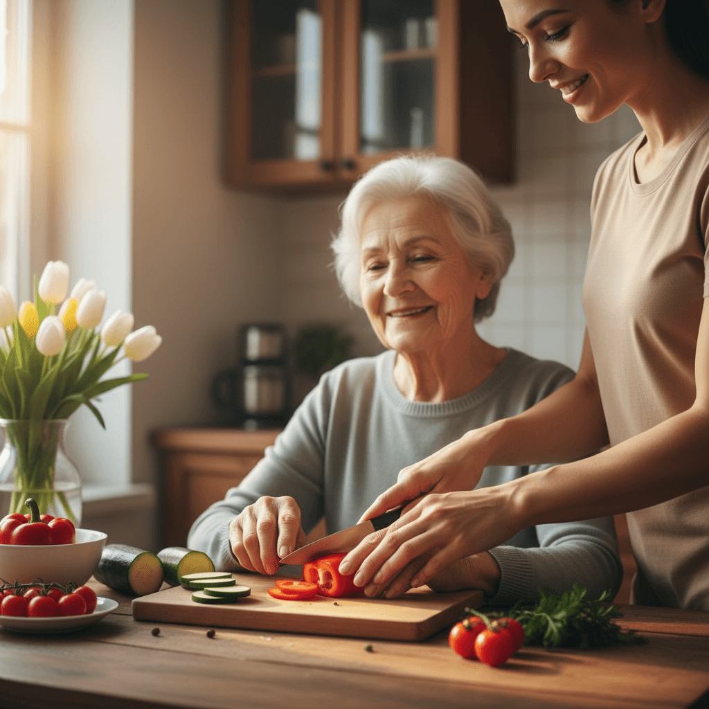 Caregiver assisting elderly woman at the table