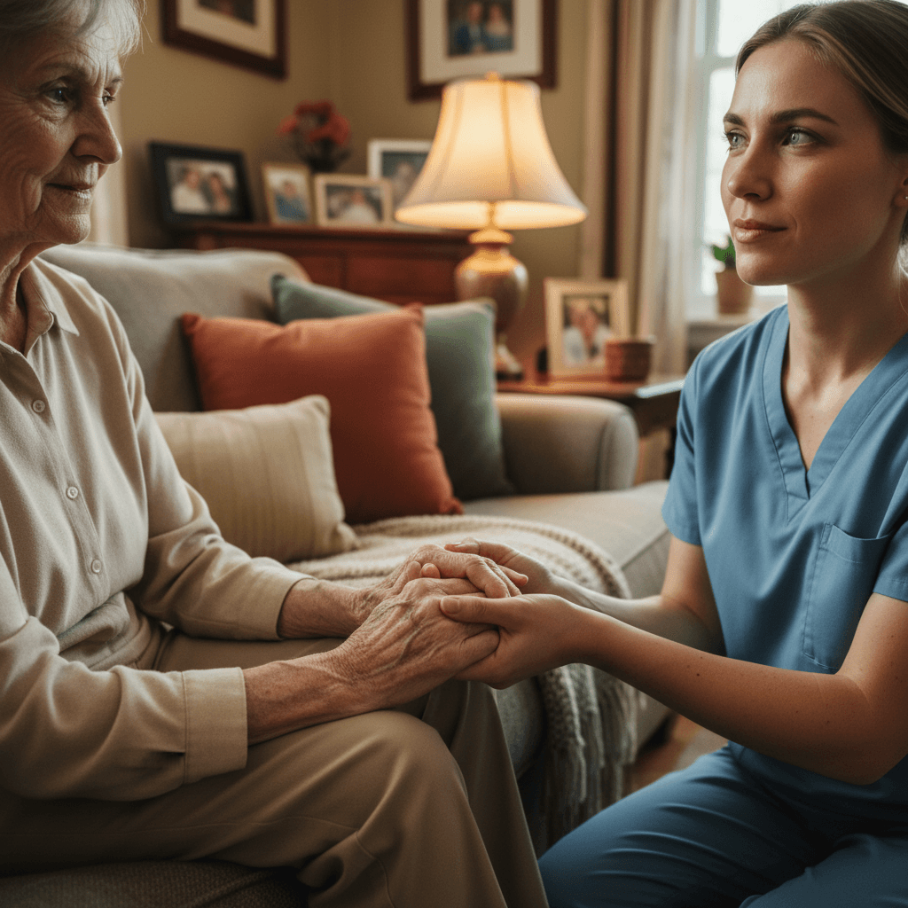 Caregiver comforting elderly man in a cozy room