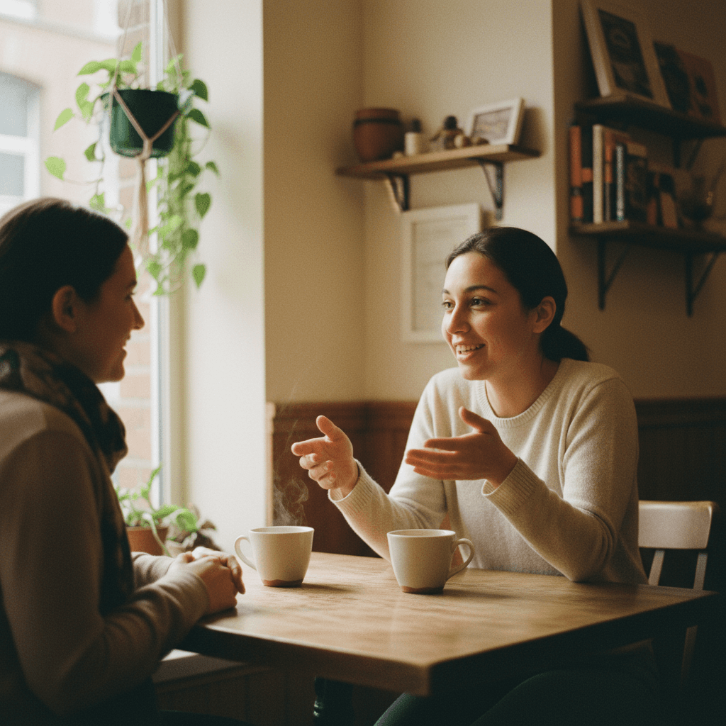 Caregiver and resident having tea